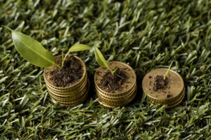 high-angle-three-stacks-coins-grass-with-dirt-plants